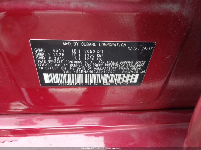 2018 Subaru Legacy 2.5I Premium VIN: 4S3BNAH62J3019707 Lot: 43942077