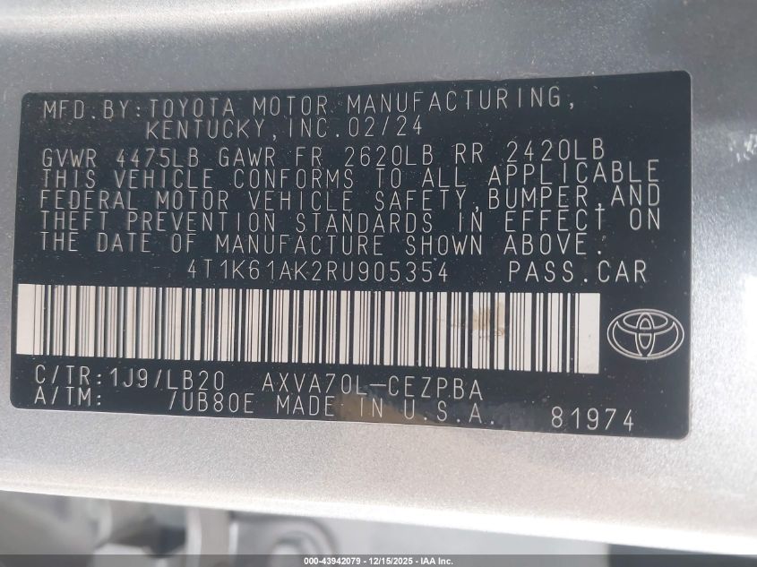 2024 Toyota Camry Xse VIN: 4T1K61AK2RU905354 Lot: 43942079