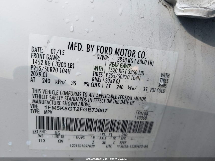 2015 Ford Explorer Sport VIN: 1FM5K8GT2FGB73867 Lot: 43942081