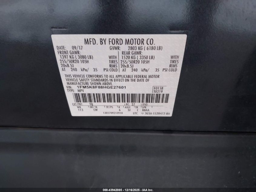 2017 Ford Explorer Limited VIN: 1FM5K8F88HGE27601 Lot: 43942085