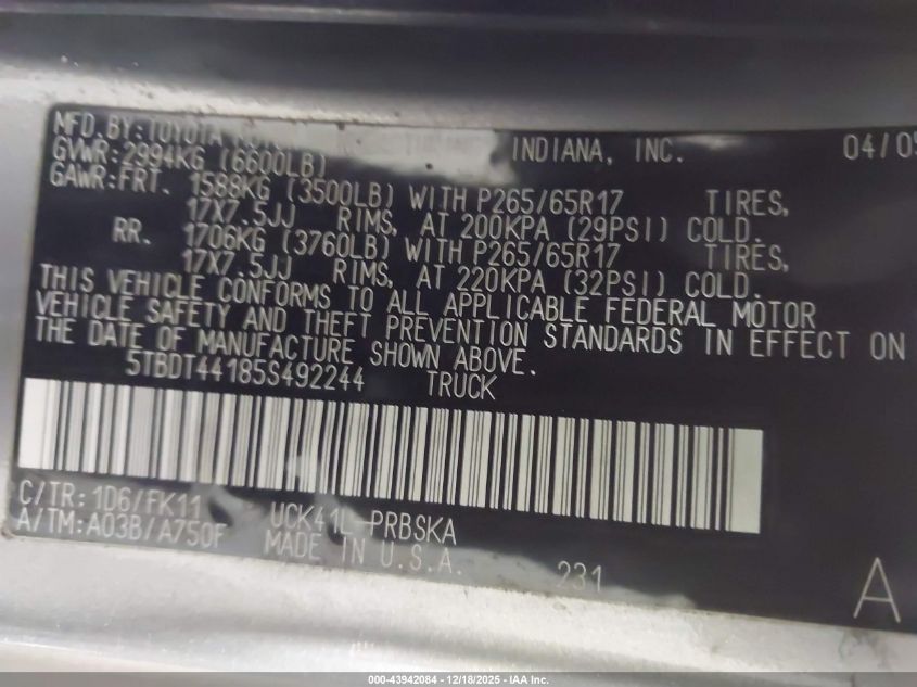 2005 Toyota Tundra Sr5 V8 VIN: 5TBDT44185S492244 Lot: 43942084