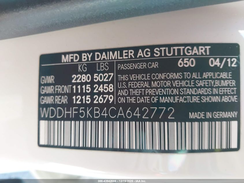 2012 Mercedes-Benz E 350 VIN: WDDHF5KB4CA642772 Lot: 43942086