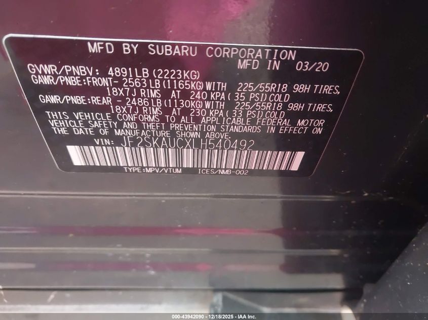 2020 Subaru Forester Limited VIN: JF2SKAUCXLH540492 Lot: 43942090