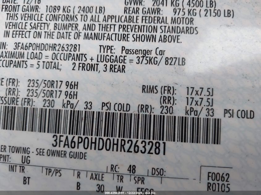 2017 Ford Fusion Se VIN: 3FA6P0HD0HR263281 Lot: 43942091