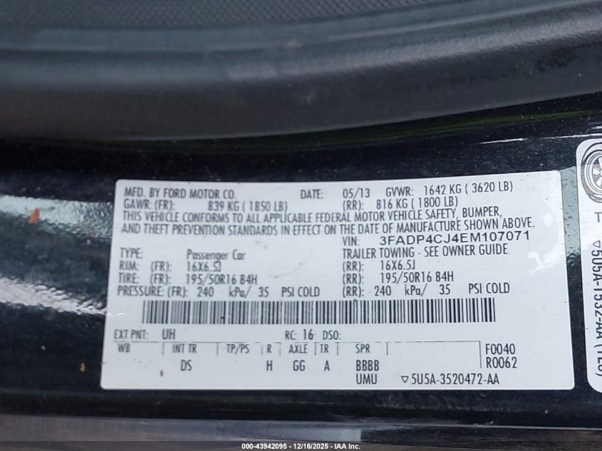 2014 Ford Fiesta Titanium VIN: 3FADP4CJ4EM107071 Lot: 43942095