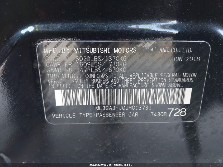 2018 Mitsubishi Mirage Es VIN: ML32A3HJ0JH013731 Lot: 43942094