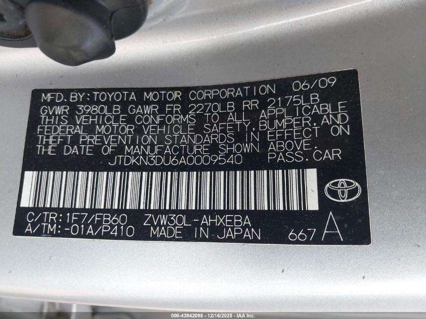 2010 Toyota Prius Ii VIN: JTDKN3DU6A0009540 Lot: 43942098