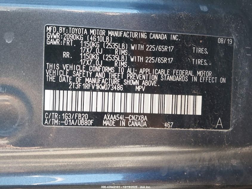 2019 Toyota Rav4 Le VIN: 2T3F1RFV1KW073486 Lot: 43942101