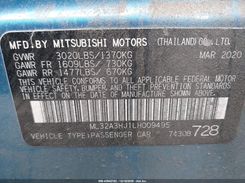 2020 Mitsubishi Mirage Es/Se VIN: ML32A3HJ1LH009495 Lot: 43942102