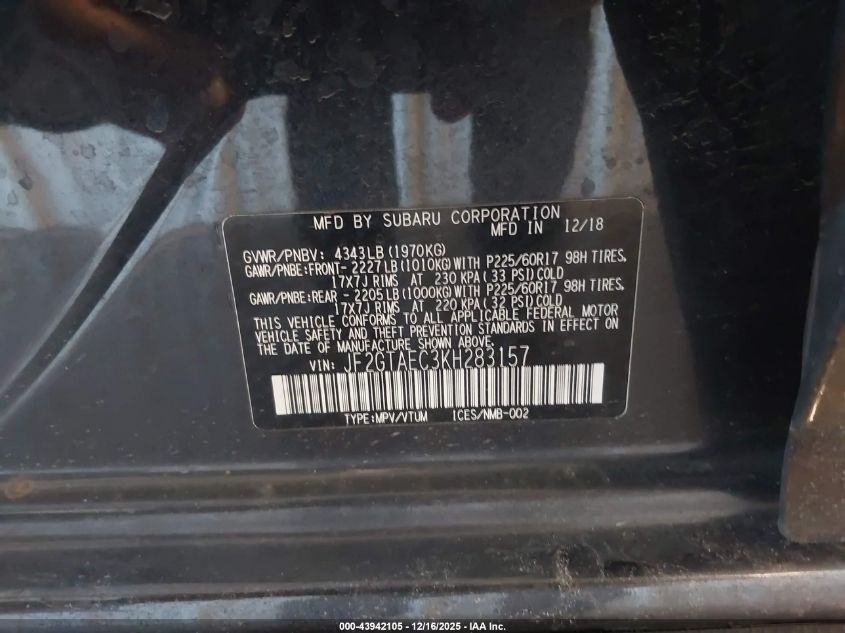 2019 Subaru Crosstrek 2.0I Premium VIN: JF2GTAEC3KH283157 Lot: 43942105