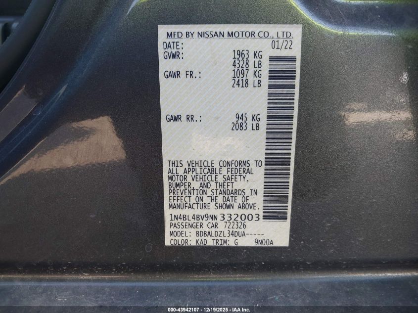 2022 Nissan Altima S Fwd VIN: 1N4BL4BV9NN332003 Lot: 43942107