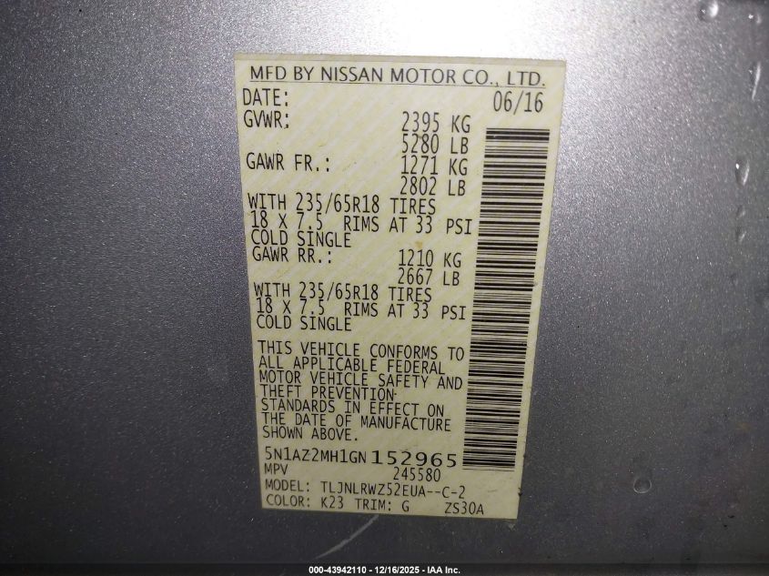2016 Nissan Murano Sl VIN: 5N1AZ2MH1GN152965 Lot: 43942110
