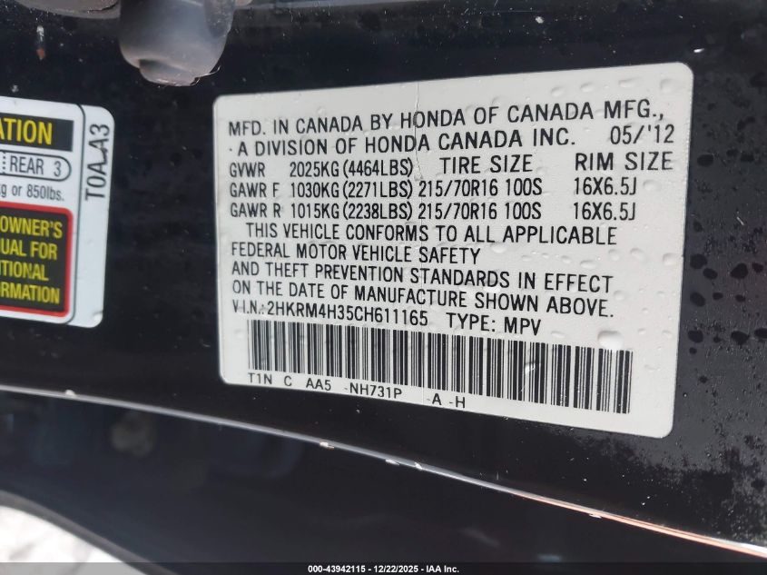 2012 Honda Cr-V Lx VIN: 2HKRM4H35CH611165 Lot: 43942115
