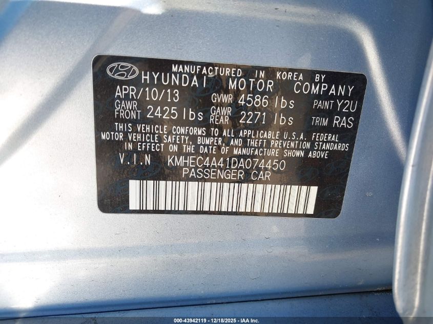 2013 Hyundai Sonata Hybrid VIN: KMHEC4A41DA074450 Lot: 43942119