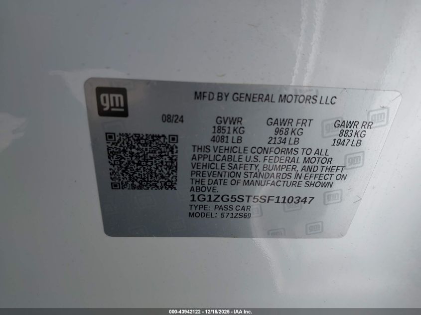 2025 Chevrolet Malibu Fwd Rs VIN: 1G1ZG5ST5SF110347 Lot: 43942122