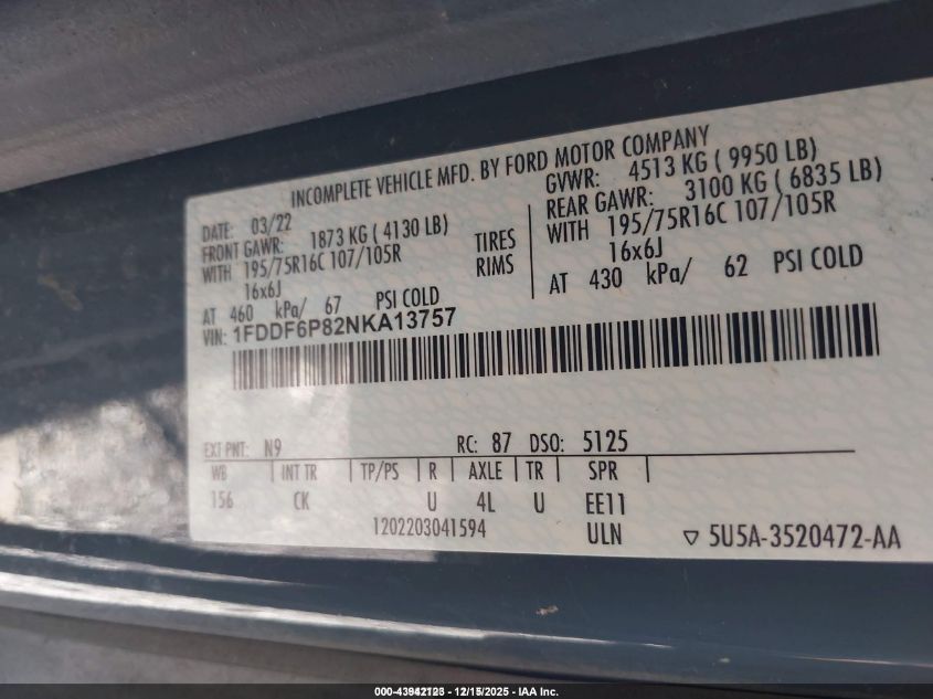 2022 Ford Transit-350 Cutaway VIN: 1FDDF6P82NKA13757 Lot: 43942123