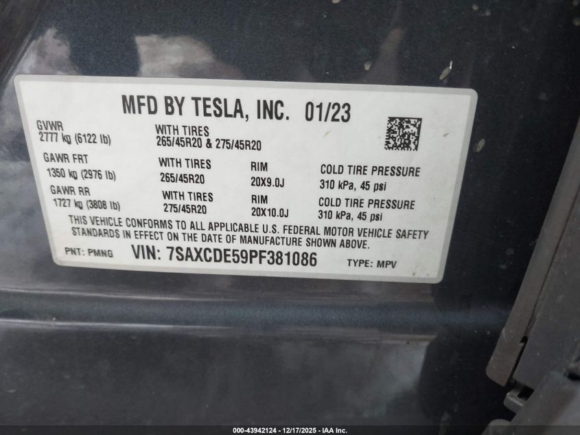 2023 Tesla Model X Dual Motor All-Wheel Drive/Standard Range VIN: 7SAXCDE59PF381086 Lot: 43942124
