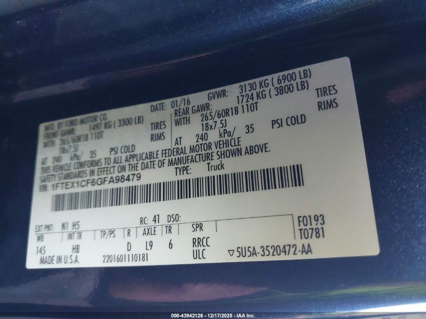 2016 Ford F-150 Lariat VIN: 1FTEX1CF6GFA98479 Lot: 43942126