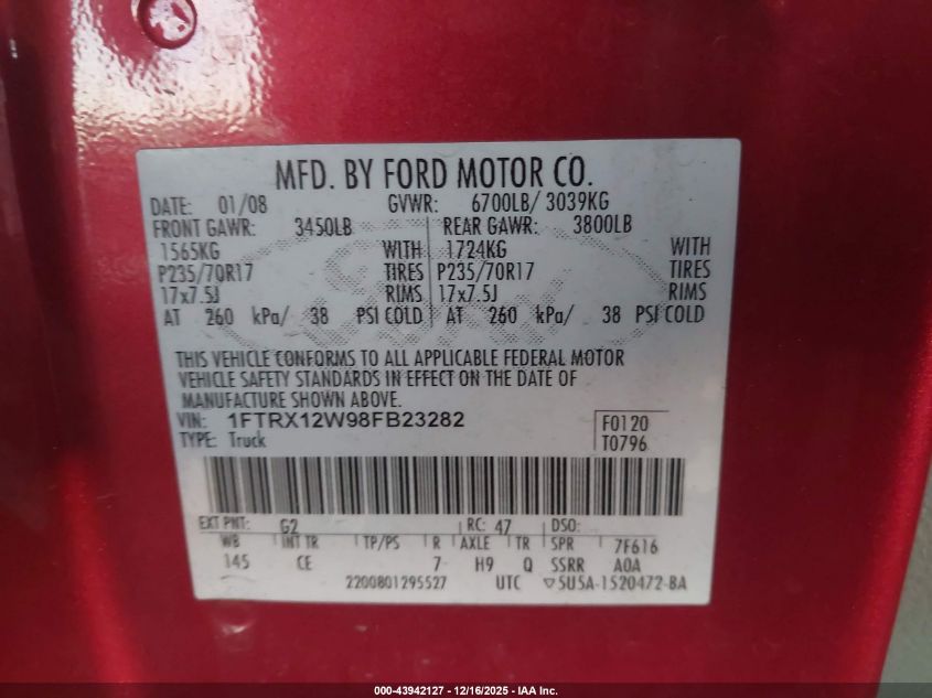 2008 Ford F-150 Fx2/Stx/Xl/Xlt VIN: 1FTRX12W98FB23282 Lot: 43942127