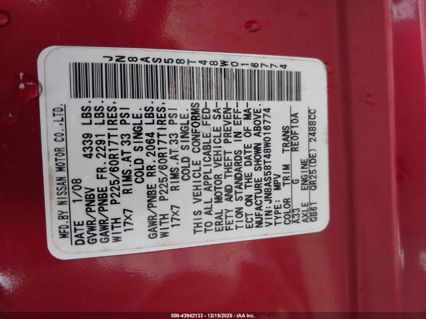 2008 Nissan Rogue Sl VIN: JN8AS58T48W016774 Lot: 43942133