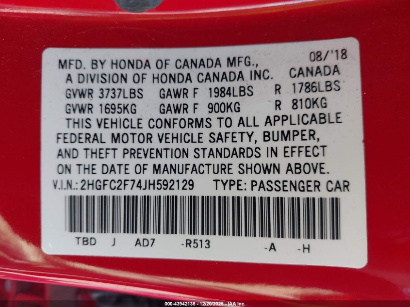 2018 Honda Civic Ex VIN: 2HGFC2F74JH592129 Lot: 43942135