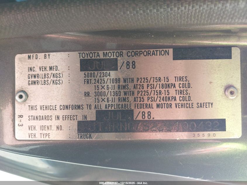 1988 Toyota Pickup Xtracab Rn67 Sr5 VIN: JT4RN67S2J5100432 Lot: 43942137