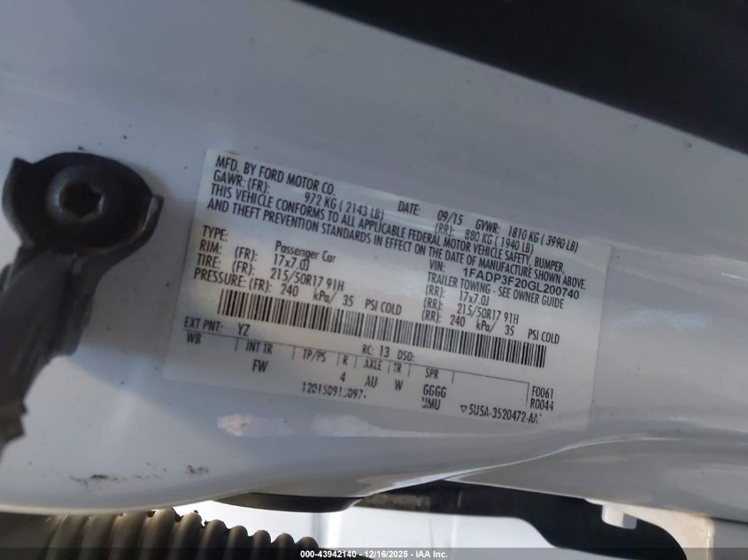 2016 Ford Focus Se VIN: 1FADP3F20GL200740 Lot: 43942140