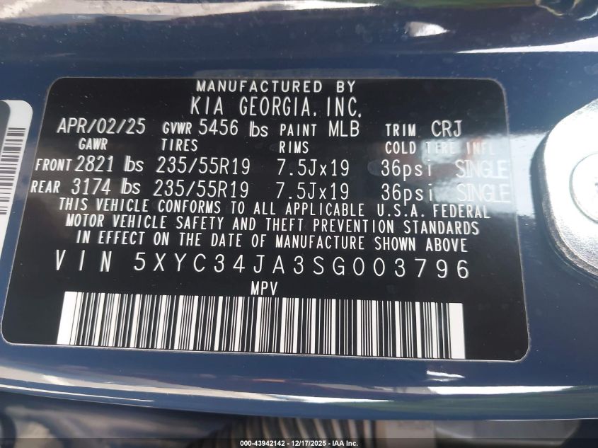 2025 Kia Ev6 Wind VIN: 5XYC34JA3SG003796 Lot: 43942142