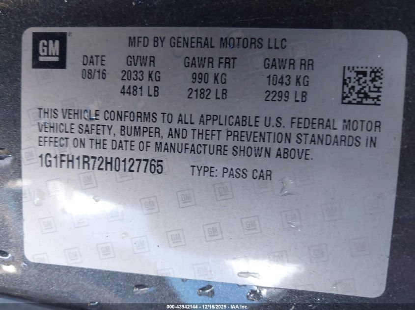 2017 Chevrolet Camaro 2Ss VIN: 1G1FH1R72H0127765 Lot: 43942144