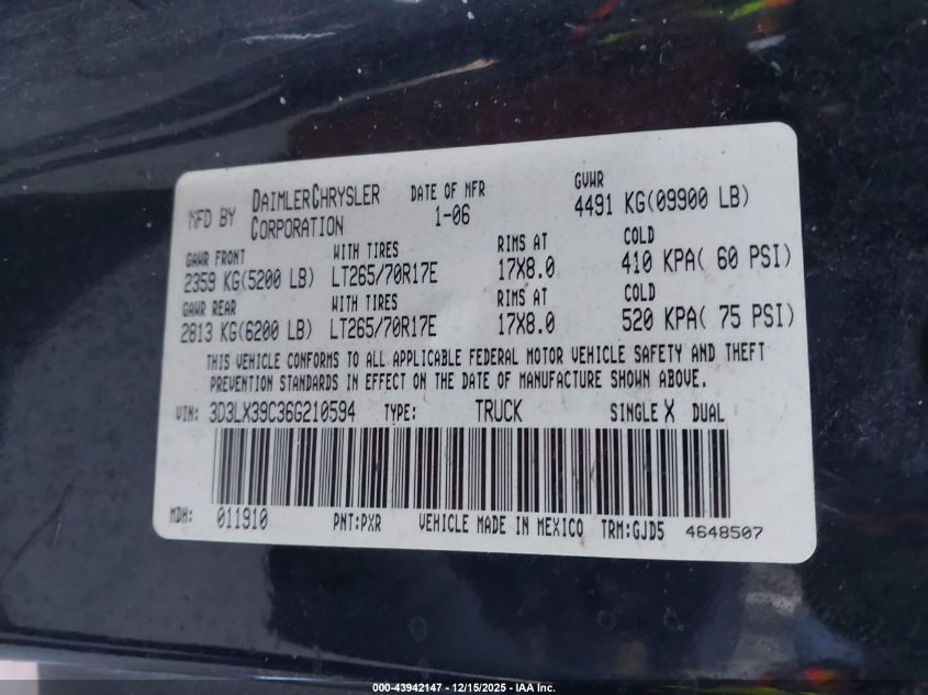 2006 Dodge Ram 3500 Laramie VIN: 3D3LX39C36G210594 Lot: 43942147