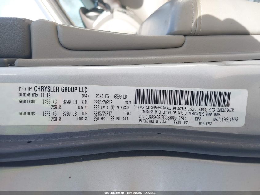 2011 Jeep Grand Cherokee Laredo VIN: 1J4RS4GG1BC588000 Lot: 43942149