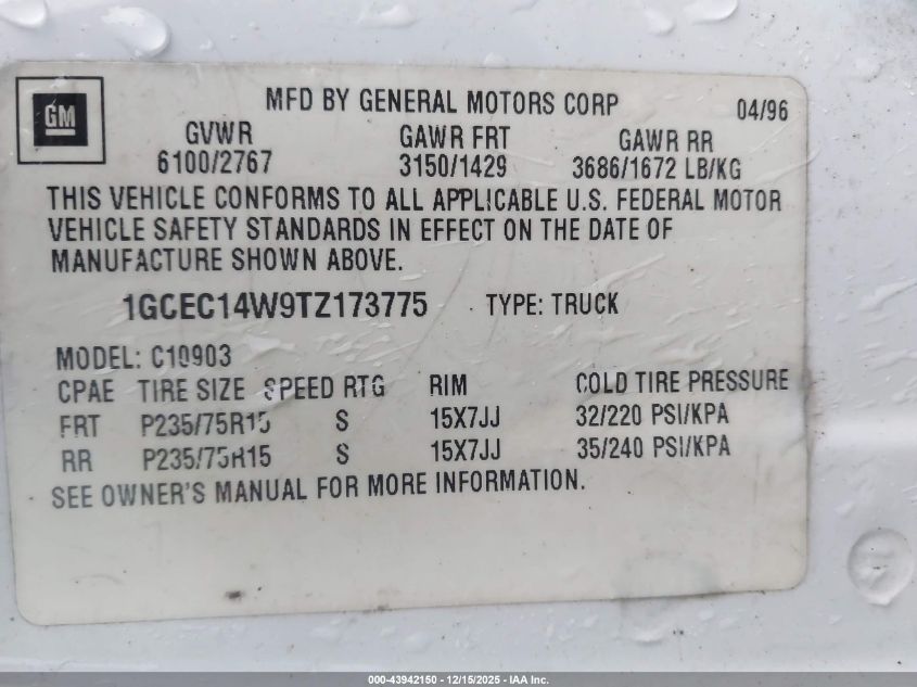 1996 Chevrolet Gmt-400 C1500 VIN: 1GCEC14W9TZ173775 Lot: 43942150