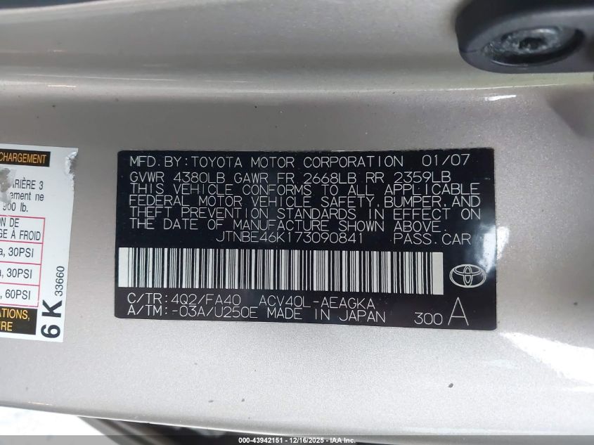 2007 Toyota Camry Xle VIN: JTNBE46K173090841 Lot: 43942151