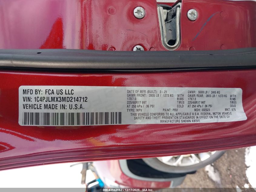2021 Jeep Cherokee Latitude Lux Fwd VIN: 1C4PJLMX3MD214712 Lot: 43942152