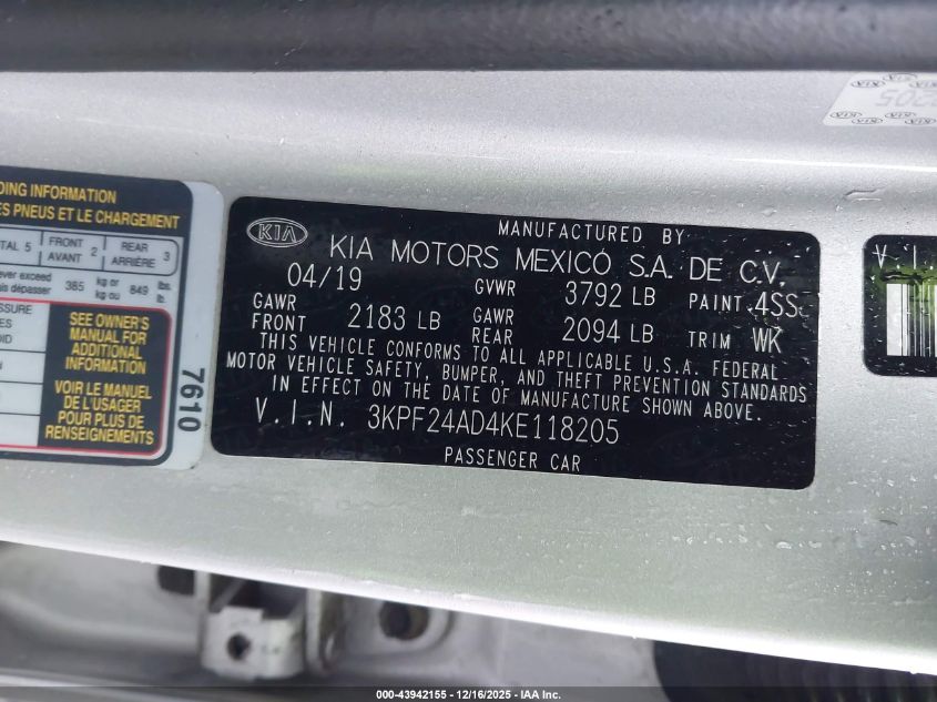 2019 Kia Forte Lxs VIN: 3KPF24AD4KE118205 Lot: 43942155