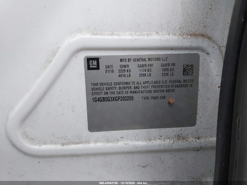 2016 Buick Lacrosse Leather VIN: 1G4GB5G3XGF203289 Lot: 43942159