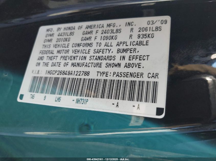 2009 Honda Accord 2.4 Ex-L VIN: 1HGCP26849A122788 Lot: 43942161