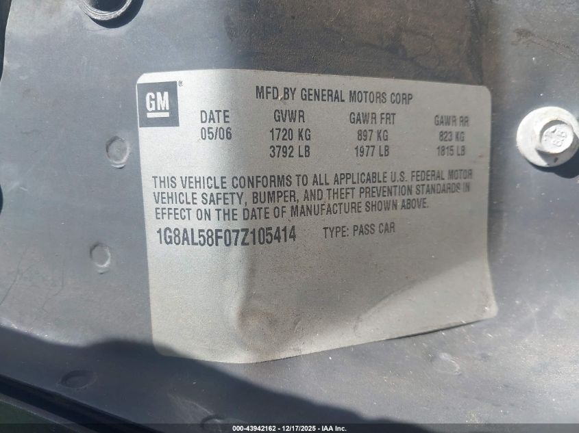 2007 Saturn Ion 3 VIN: 1G8AL58F07Z105414 Lot: 43942162