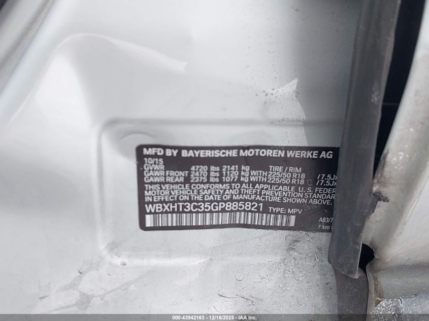 2016 BMW X1 xDrive28I VIN: WBXHT3C35GP885821 Lot: 43942163