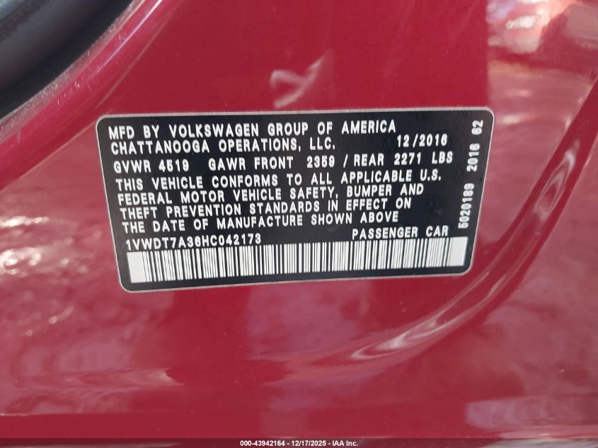 2017 Volkswagen Passat 1.8T R-Line VIN: 1VWDT7A36HC042173 Lot: 43942164