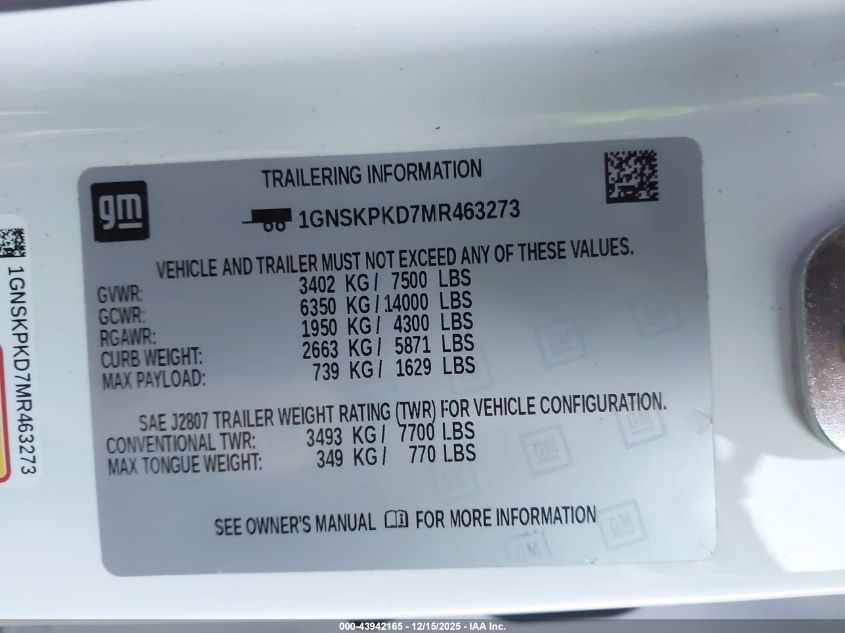 2021 Chevrolet Tahoe 4Wd Z71 VIN: 1GNSKPKD7MR463273 Lot: 43942165