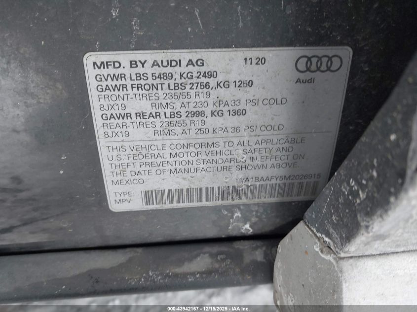 2021 Audi Q5 Premium Plus 45 Tfsi Quattro S Tronic VIN: WA1BAAFY5M2026915 Lot: 43942167