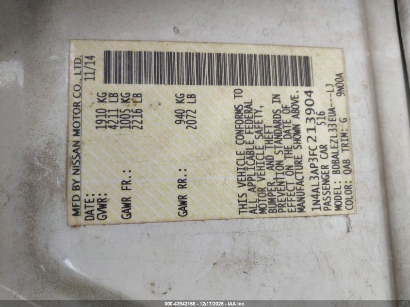 2015 Nissan Altima 2.5 S VIN: 1N4AL3AP3FC213904 Lot: 43942168