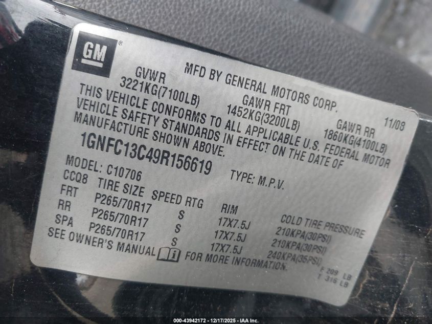 2009 Chevrolet Tahoe Ls VIN: 1GNFC13C49R156619 Lot: 43942172