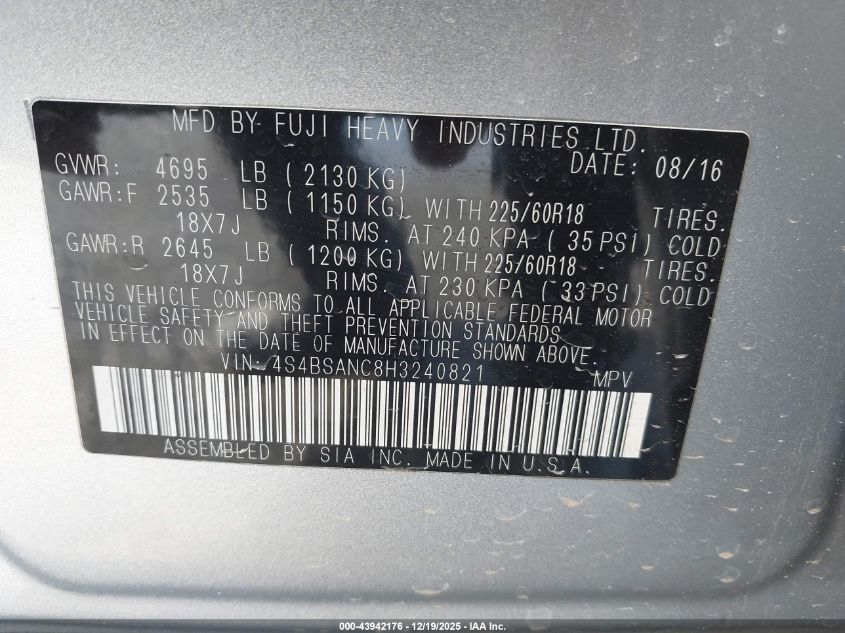 2017 Subaru Outback 2.5I Limited VIN: 4S4BSANC8H3240821 Lot: 43942176