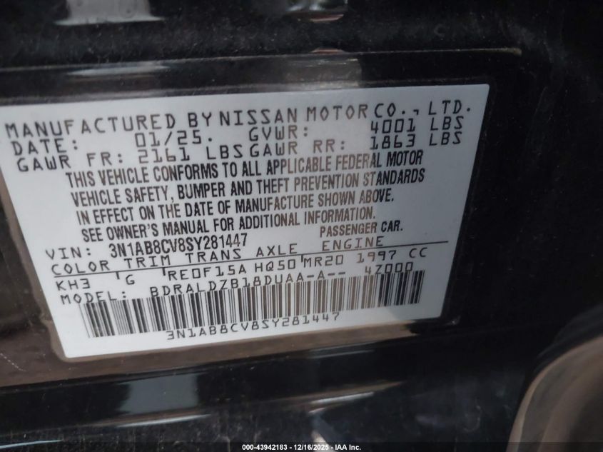 2025 Nissan Sentra Sv VIN: 3N1AB8CV8SY281447 Lot: 43942183
