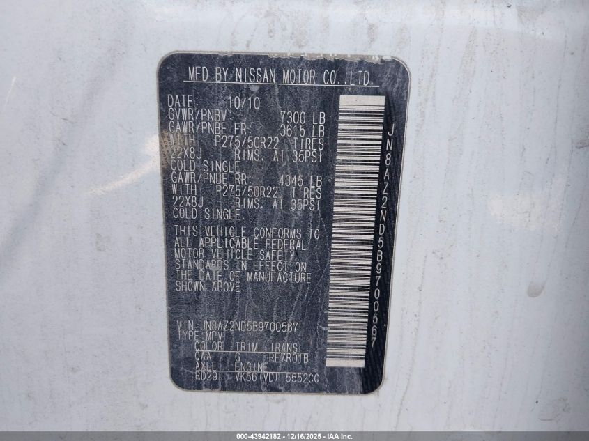 2011 Infiniti Qx56 VIN: JN8AZ2ND5B9700567 Lot: 43942182