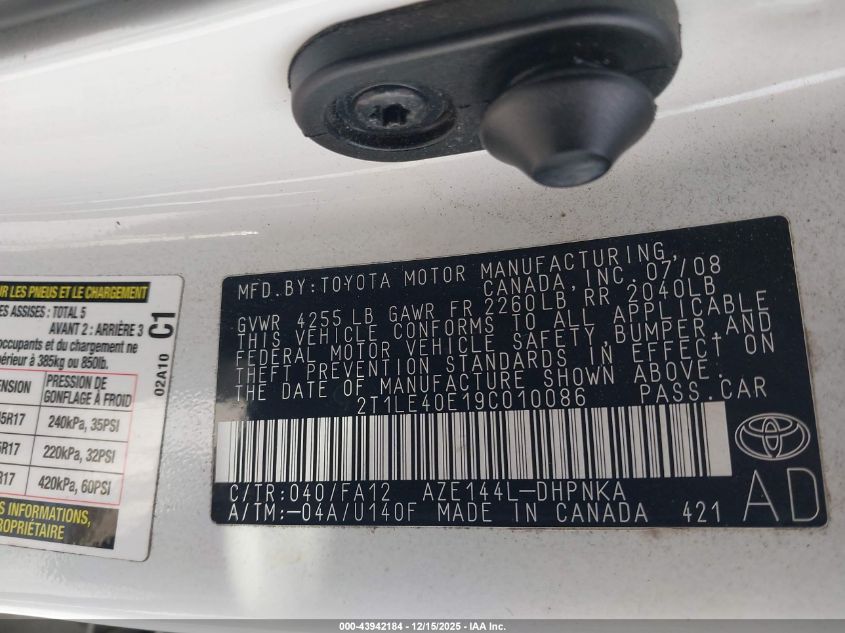 2009 Toyota Matrix S VIN: 2T1LE40E19C010086 Lot: 43942184