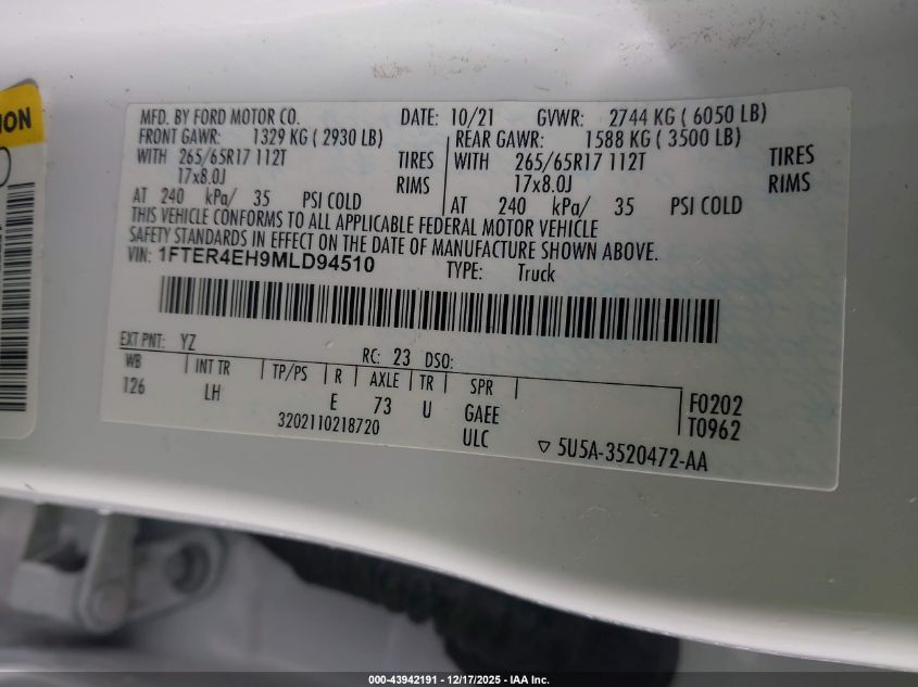2021 Ford Ranger Xl VIN: 1FTER4EH9MLD94510 Lot: 43942191