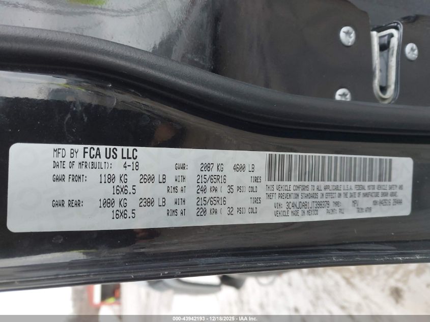 2018 Jeep Compass Sport 4X4 VIN: 3C4NJDAB1JT398379 Lot: 43942193